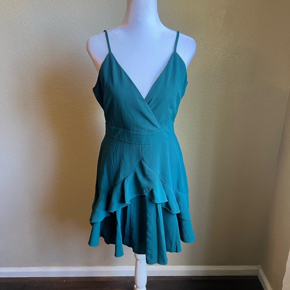 Showpo Teal Green Surplice Wrap Tie Back Ruffle Mini Dress Sz 6 V Neck Sleeveles